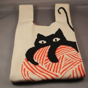 Black Cat Yarn Ball Knit Tote Whimsical Small Bag Boho Sustainable Reusable